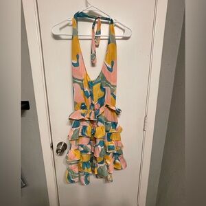 Sunday Up Woman’s Halter Tiered Ruffle Mini Dress Multi Pastel  Size L NWT